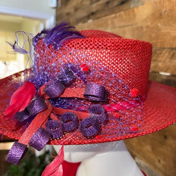 Custom Red Derby Hat Purple Feathers Rhinestones Netting Church Tea Party Events main image 7